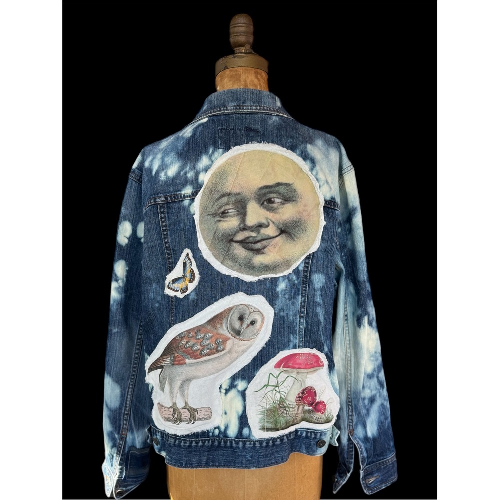 Moon Owl Mushroom Folk Art Denim Jacket Upcycled Artisan XL Cotton Old‎ Navy